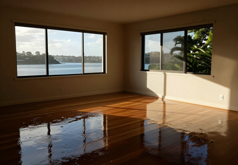 Flood-damaged living room in Grays Point before restoration